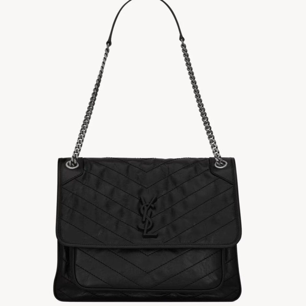SAINT LAURENT Niki Large Flap Leather Shoulder Bag Black